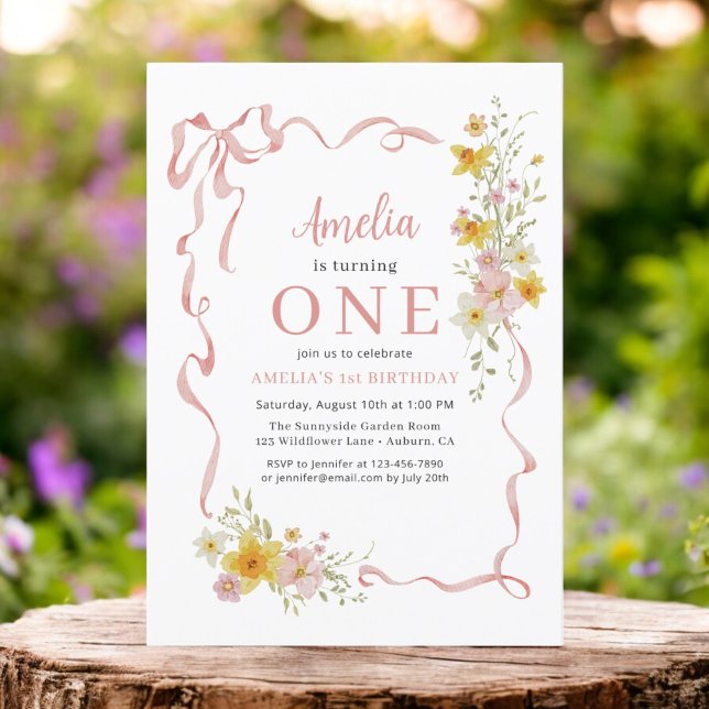 Wildflower Pink Coquette Bow 1st Birthday Girl's Invitation (Creator Uploaded)