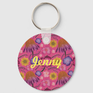 Wildflower Pink Floral Personalized Keychain