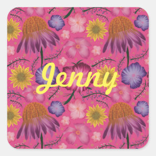 Wildflower Pink Floral Personalized Square Sticker