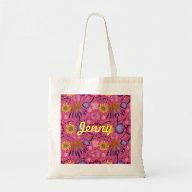 Wildflower Pink Floral Personalized Tote Bag (Front)