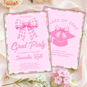 Wildflower Pink Gingham Bow Graduation Party Invitation
