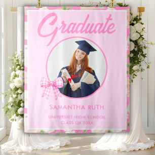 Wildflower Pink Gingham Bow Photo Grad Banner Tapestry