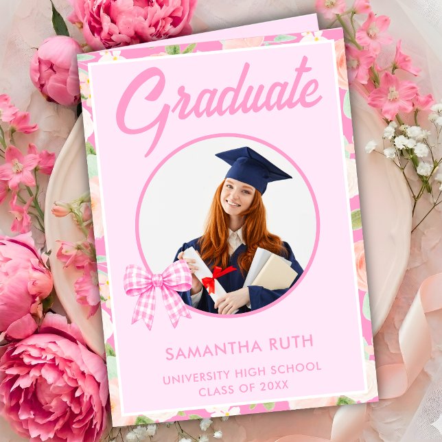 Wildflower Pink Gingham Bow Photo Graduation Card (Creator Uploaded)
