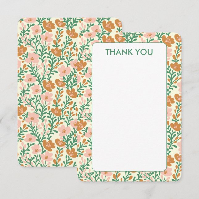 Wildflower Pink Green Blooms Elegant Floral Custom Thank You Card (Front/Back)