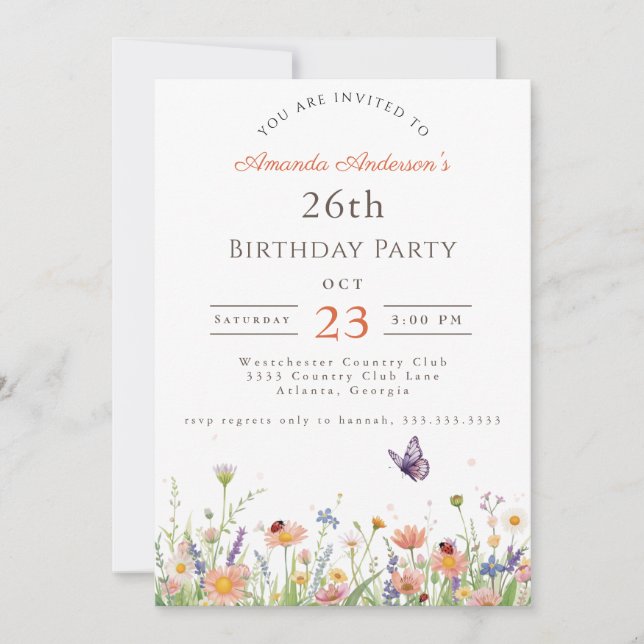 Wildflower Pink Purple Garden Party 26th Birthday Invitation (Front)
