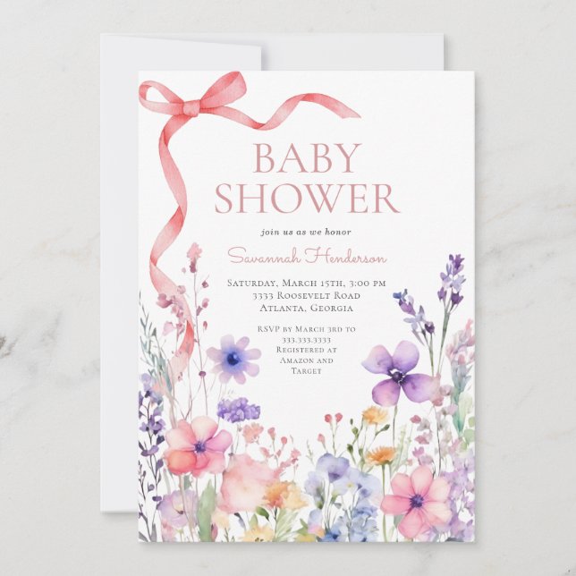 Wildflower Pink Ribbon Baby Shower Invitation (Front)