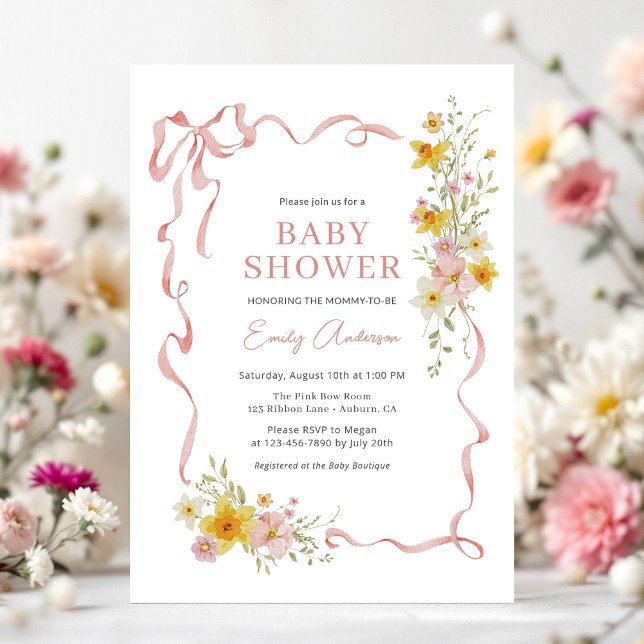 Wildflower Pink Ribbon Coquette Bow Baby Shower Invitation (Creator Uploaded)