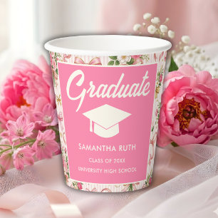 Wildflower Pink Striped Bows & Ribbons Graduation Paper Cups