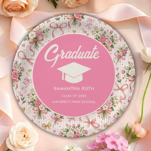 Wildflower Pink Striped Bows & Ribbons Graduation Paper Plate