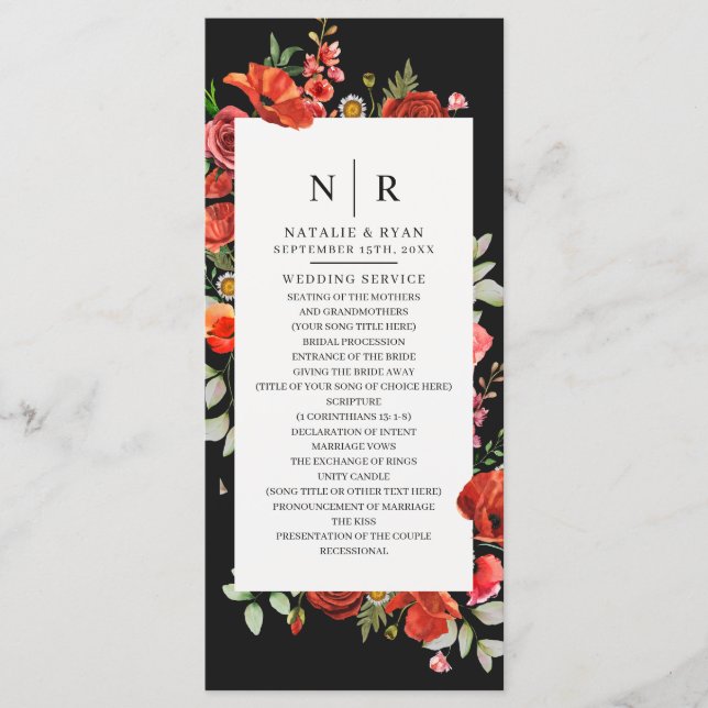 Wildflower Poppies Dark Monogram Wedding Program (Front)