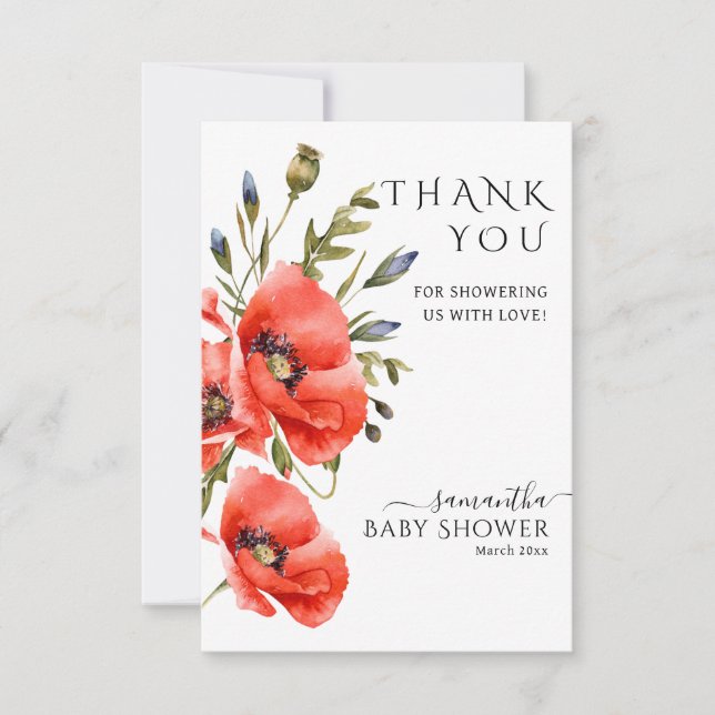 Wildflower poppy minimalist modern Baby Shower Thank You Card (Front)