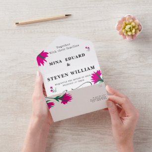 Wildflower poppy Pink Floral wedding  All In One Invitation