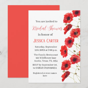 Wildflower Poppy Red Floral Bridal Shower  Invitation