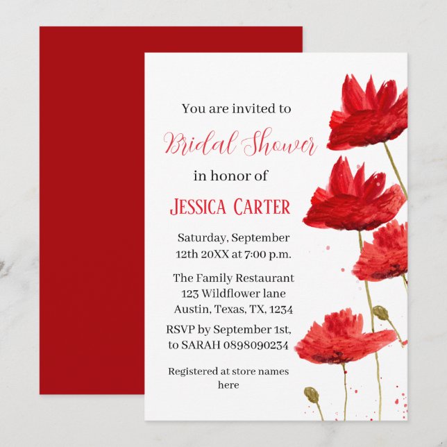 Wildflower Poppy Red Floral Bridal Shower  Invitation (Front/Back)