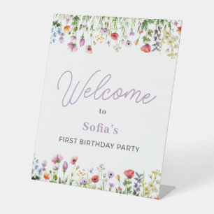 Wildflower Purple 1st Birthday Welcome Pedestal Sign