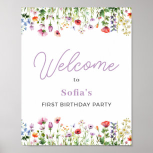 Wildflower Purple 1st Birthday Welcome Sign Poster