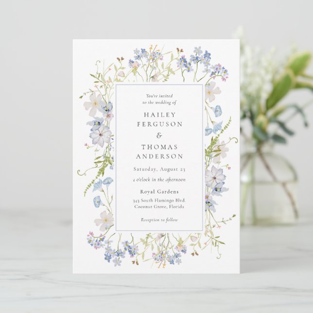 Wildflower Purple and Blue Flowers Wedding Invitation (Standing Front)