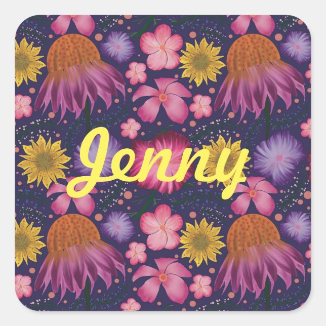 Wildflower Purple Floral Personalized Square Sticker (Front)