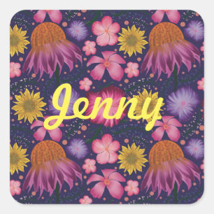 Wildflower Purple Floral Personalized Square Sticker
