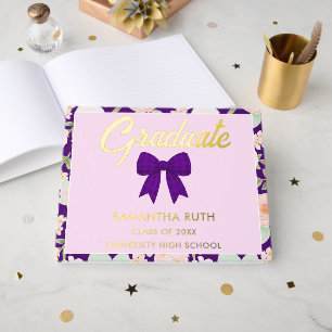 Wildflower Purple Gingham Bow Graduation Party Guest Book