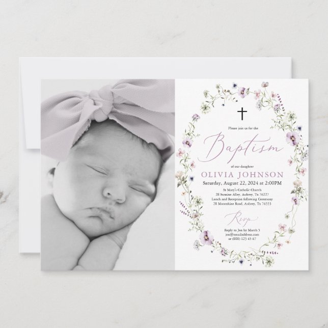 Wildflower Purple Girl Photo Baptism Invitation (Front)