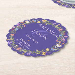 Wildflower Purple Yellow Floral Wreath Wedding  Paper Coaster