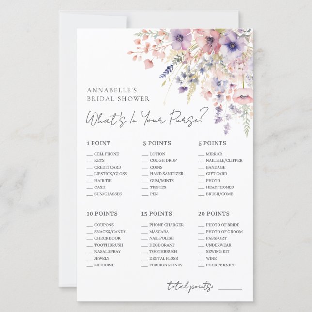 Wildflower Purse Bridal Shower Game (Front)