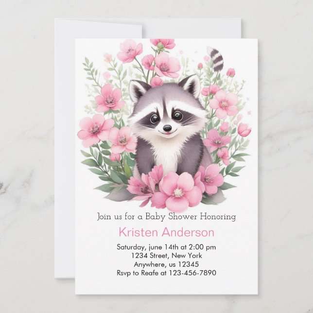Wildflower Raccoon Pink Adventure Girl Baby Shower Invitation (Front)