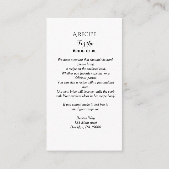 Wildflower Recipe request bridal shower Enclosure Card (Front)