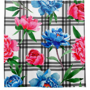 Wildflower red and blue peonies flowers pattern in