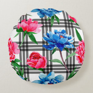 Wildflower red and blue peonies flowers pattern in round pillow