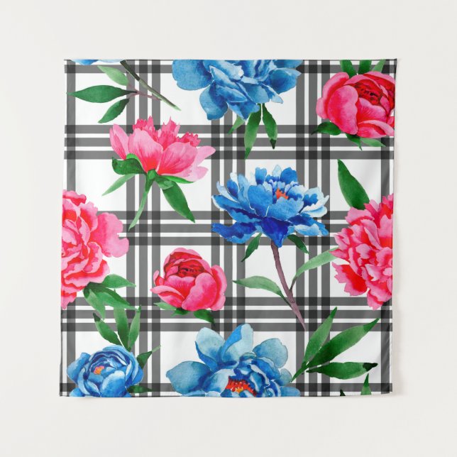 Wildflower red and blue peonies flowers pattern in tapestry (Front)