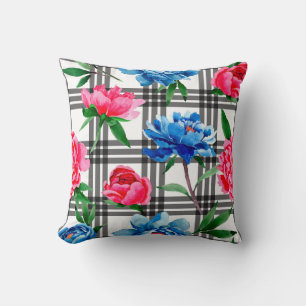Wildflower red and blue peonies flowers pattern in throw pillow