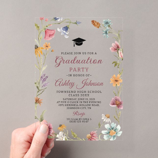 Wildflower Red Botanical Floral Graduation Acrylic Invitations (Insitu (Handheld))