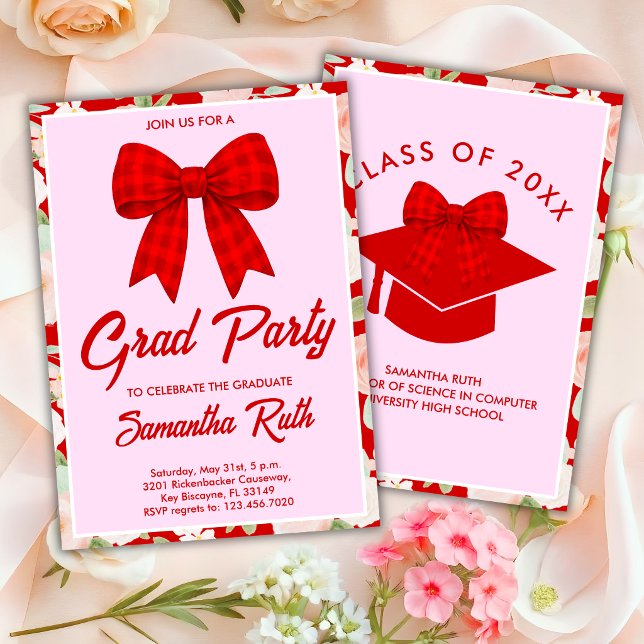 Wildflower Red Gingham Bow Graduation Party Invitation (Creator Uploaded)