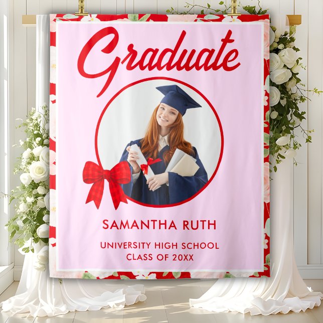 Wildflower Red Gingham Bow Photo Grad Backdrop Tapestry (Creator Uploaded)