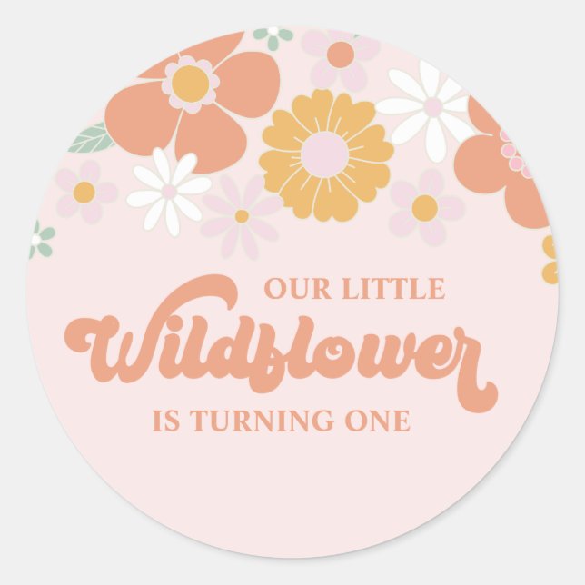 Wildflower Retro Floral first birthday Classic Round Sticker (Front)
