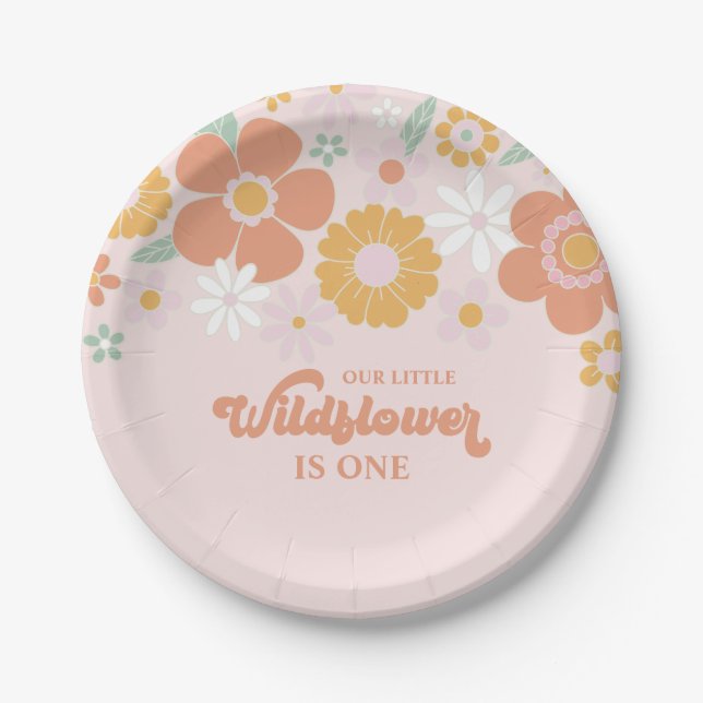 Wildflower Retro Floral first birthday Paper Plate (Front)
