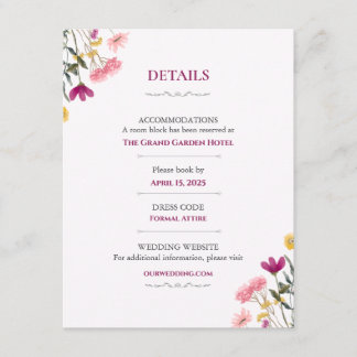 Wildflower Romance Wedding Details Card | Pink Flo