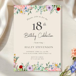 Wildflower Rustic Boho 18th Birthday Simple Beige Invitation
