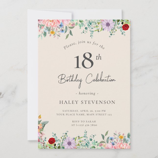 Wildflower Rustic Boho 18th Birthday Simple Beige Invitation (Front)
