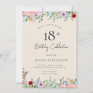 Wildflower Rustic Boho 18th Birthday Simple Beige Invitation