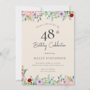Wildflower Rustic Boho 48th Birthday Simple Beige Invitation