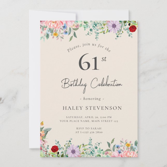 Wildflower Rustic Boho 61st Birthday Simple Beige Invitation (Front)