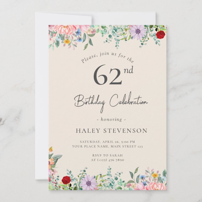 Wildflower Rustic Boho 62nd Birthday Simple Beige Invitation (Front)