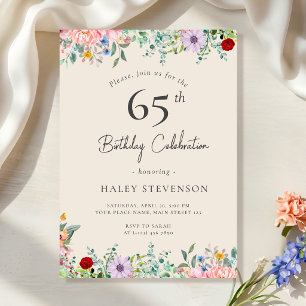 Wildflower Rustic Boho 65th Birthday Simple Beige Invitation