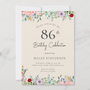 Wildflower Rustic Boho 86th Birthday Simple Beige Invitation
