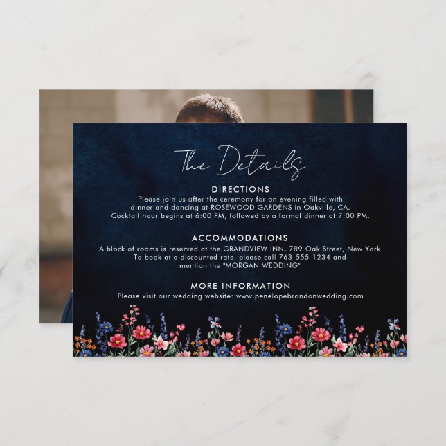 Wildflower Rustic Boho Floral Navy Wedding Details Enclosure Card (Front/Back)