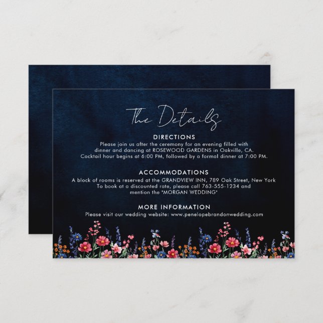 Wildflower Rustic Boho Floral Navy Wedding Details Enclosure Card (Front/Back)