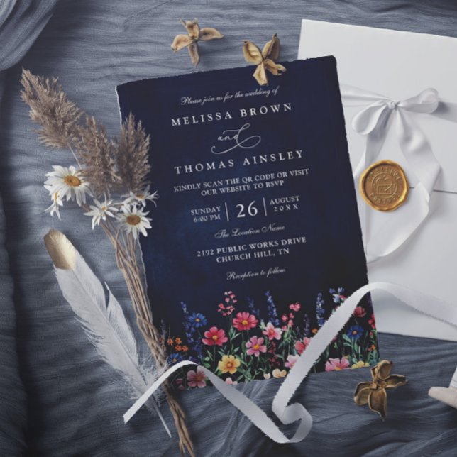Wildflower Rustic Boho Navy Chic QR Code Wedding Invitation (Creator Uploaded)